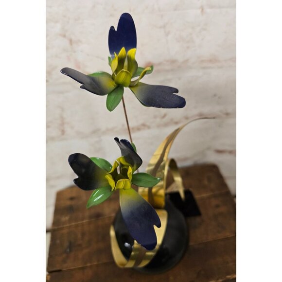 11" Vintage Marie Jaxon Originals Metal Flower Arrangement In Black Vase - Picture 6 of 11